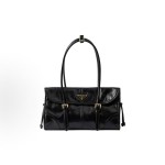 PRADA brand Logo magnetic clasp flip-top shoulder bag, medium size for women, black